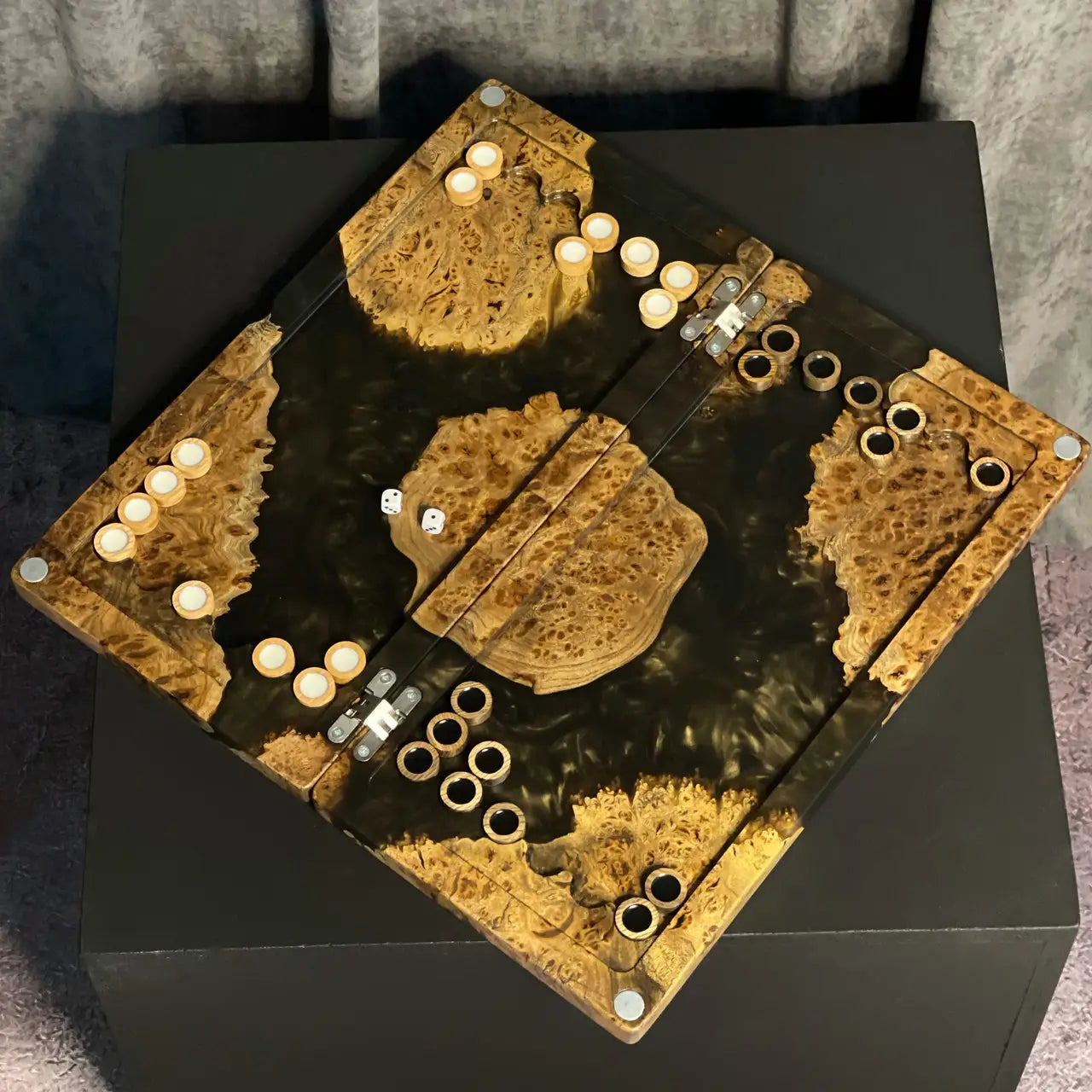 Artisan Golden Islands wooden backgammon board with game pieces