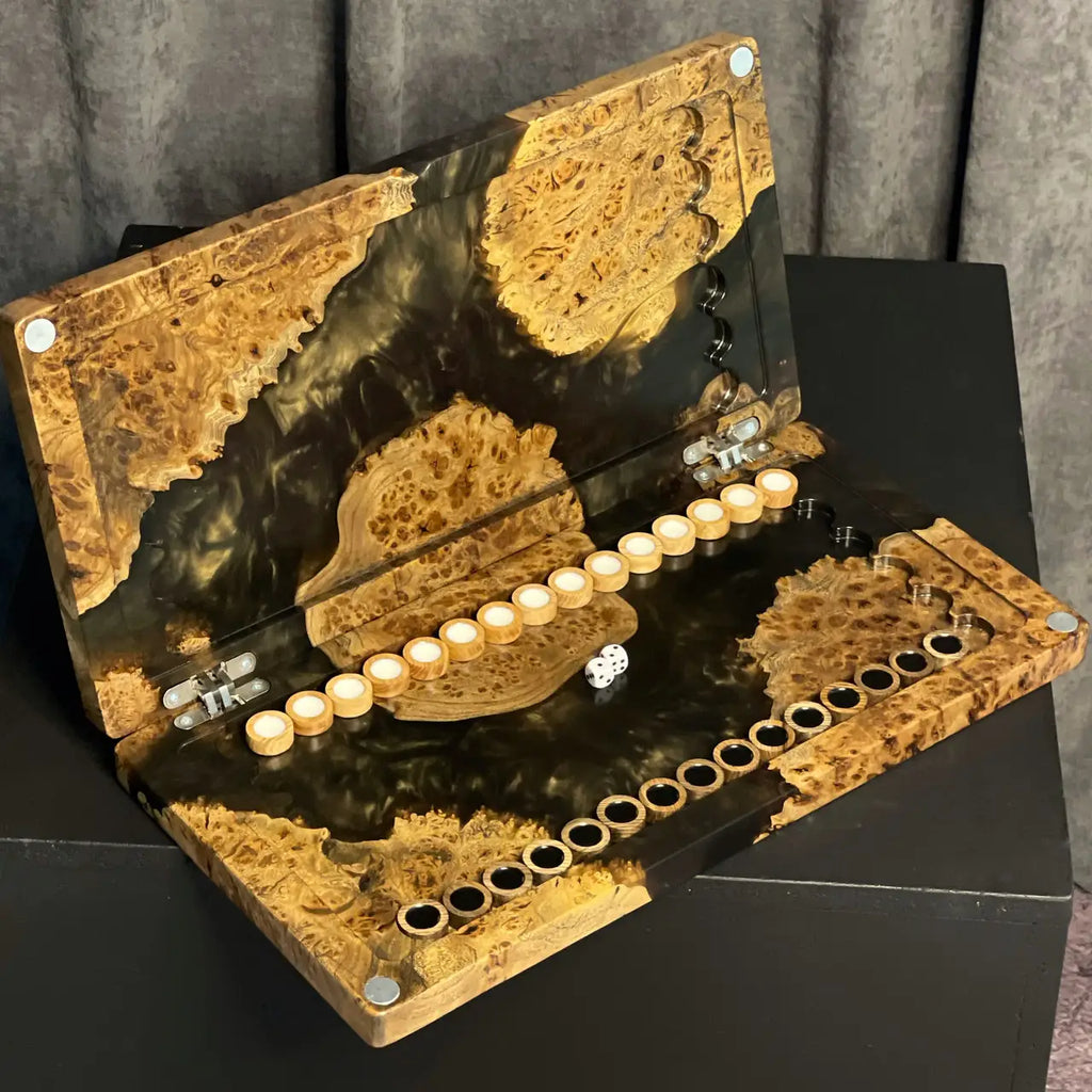 Golden Islands handmade wooden backgammon set with dark epoxy resin