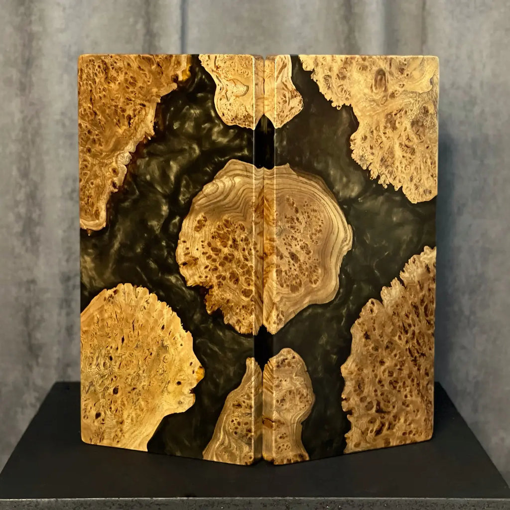 Close-up of figured natural wood and epoxy resin backgammon board