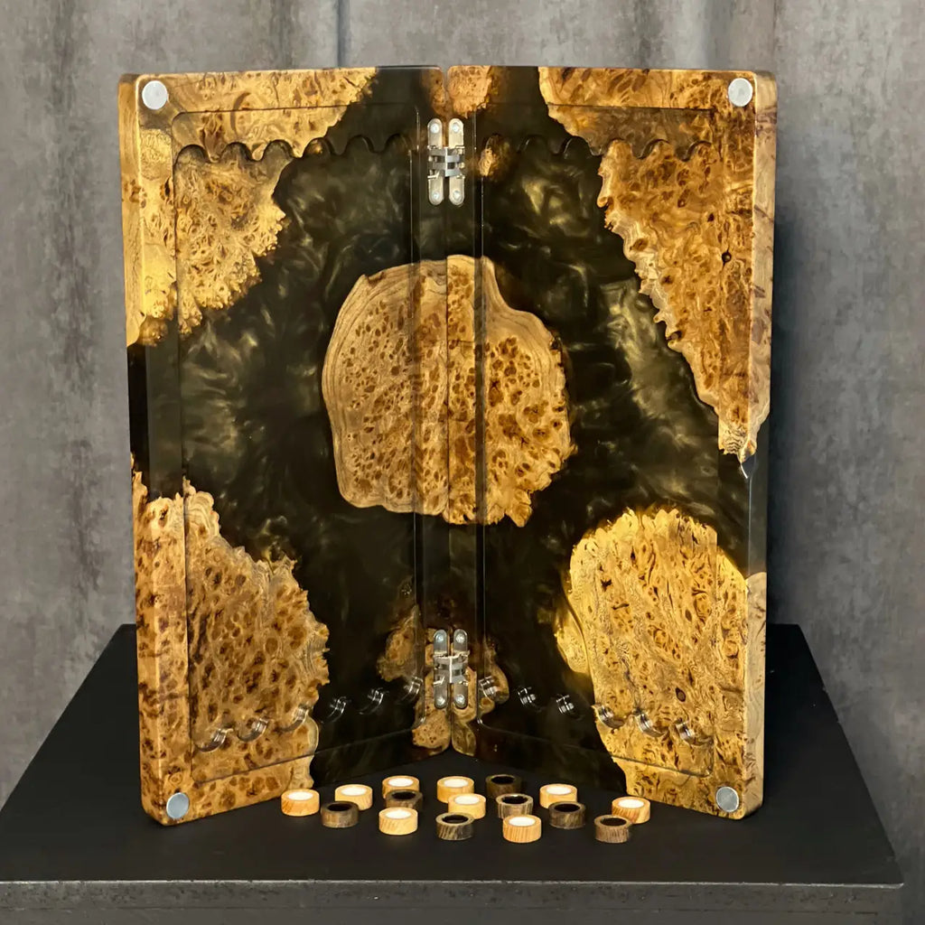 Natural wood and dark resin handcrafted backgammon playing surface