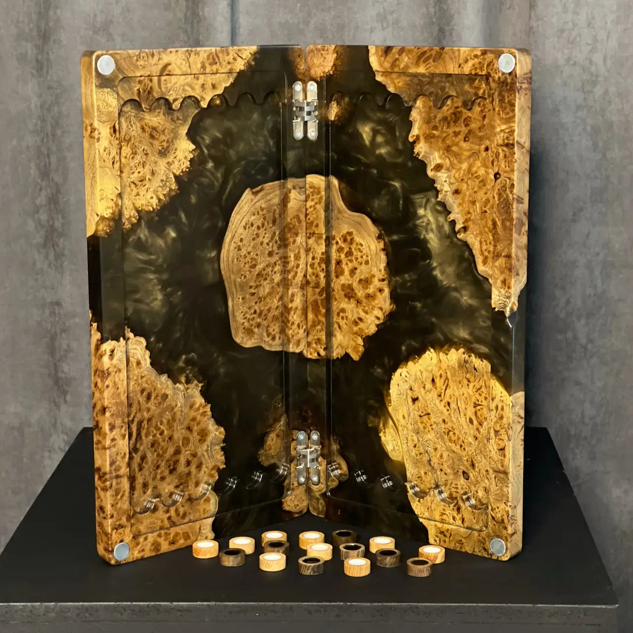 Natural wood and dark resin handcrafted backgammon playing surface