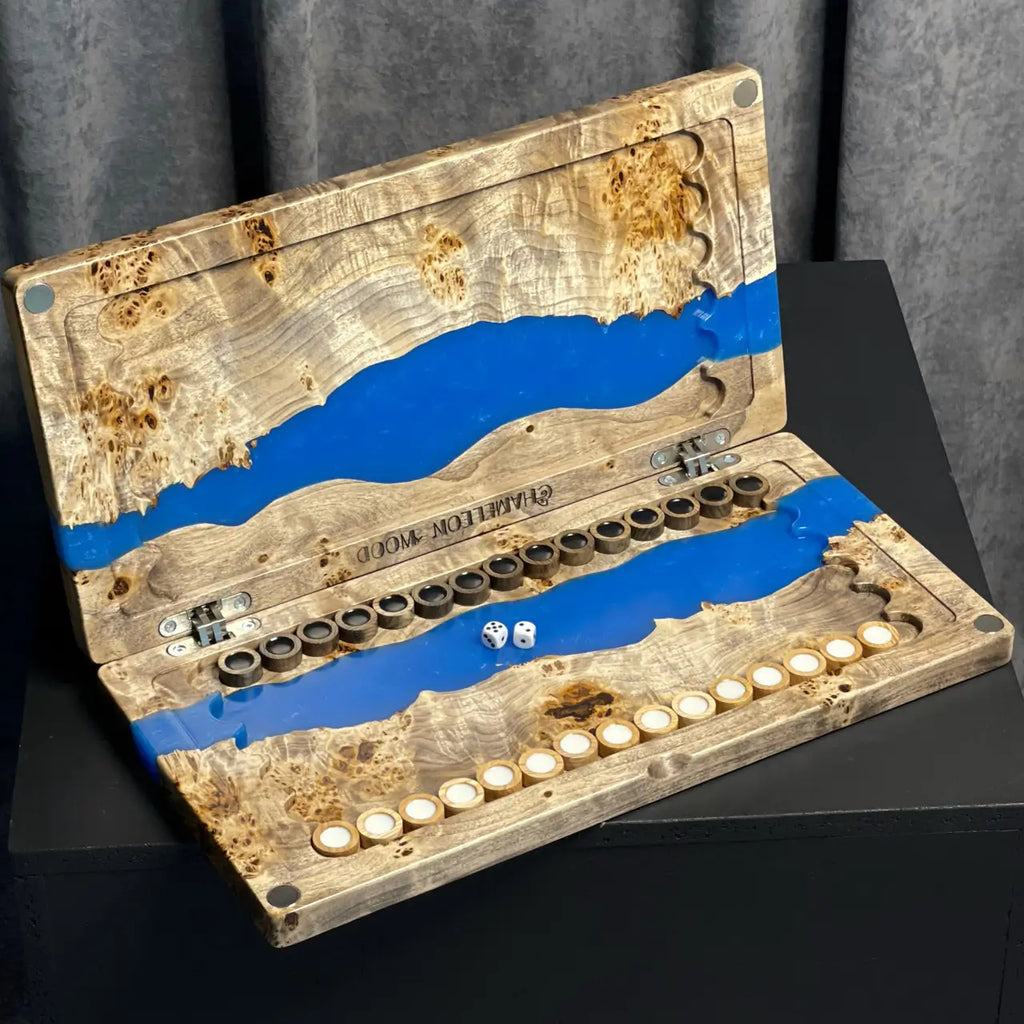 Azure Burl handmade backgammon set with natural wood and blue epoxy resin