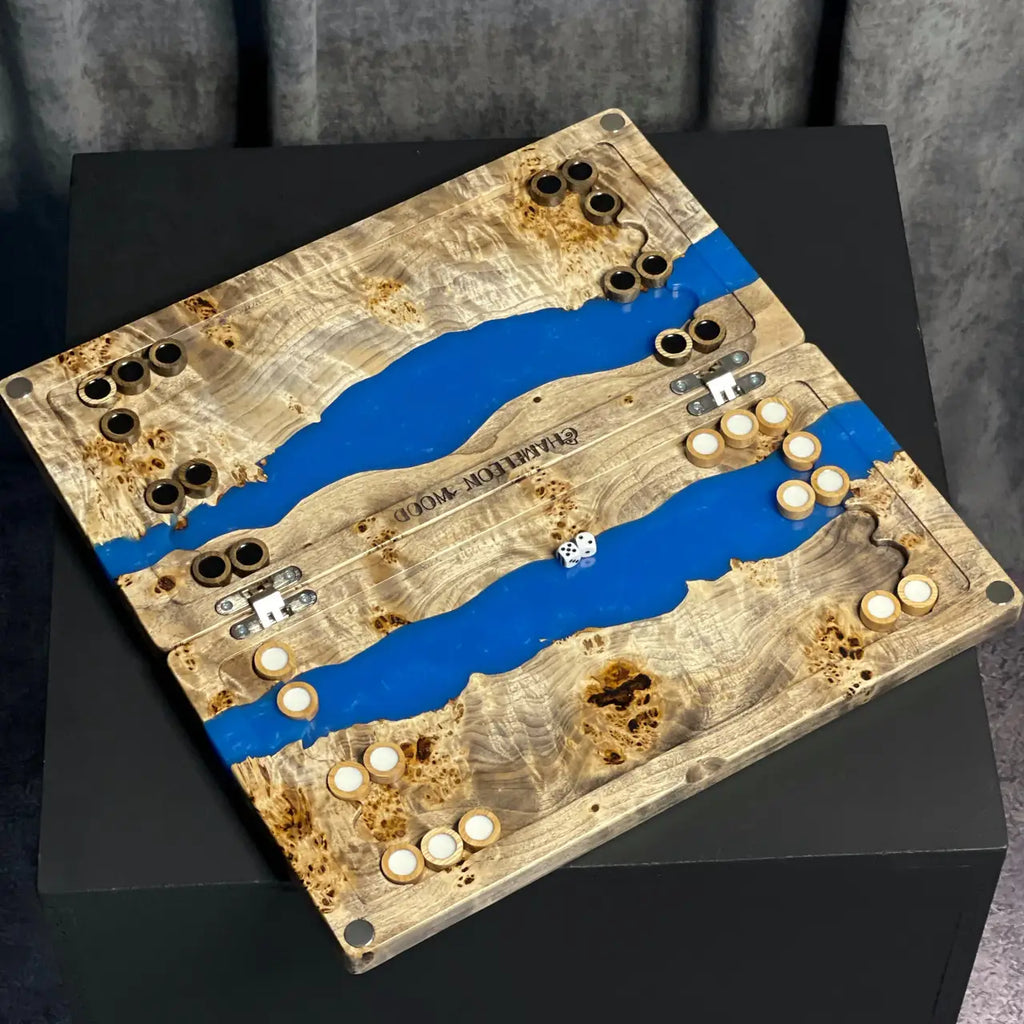 Premium handmade backgammon set with blue resin and figured natural wood