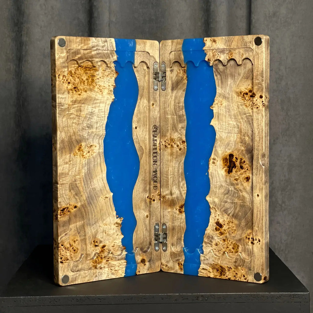 Azure Burl artisan backgammon board with natural wooden playing pieces