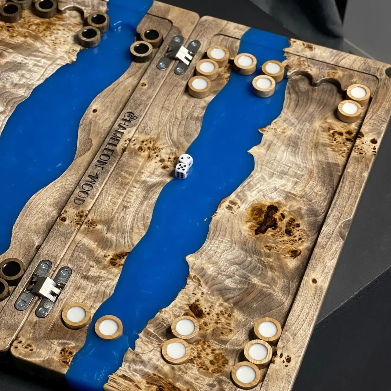Closed Azure Burl backgammon set with turquoise resin design