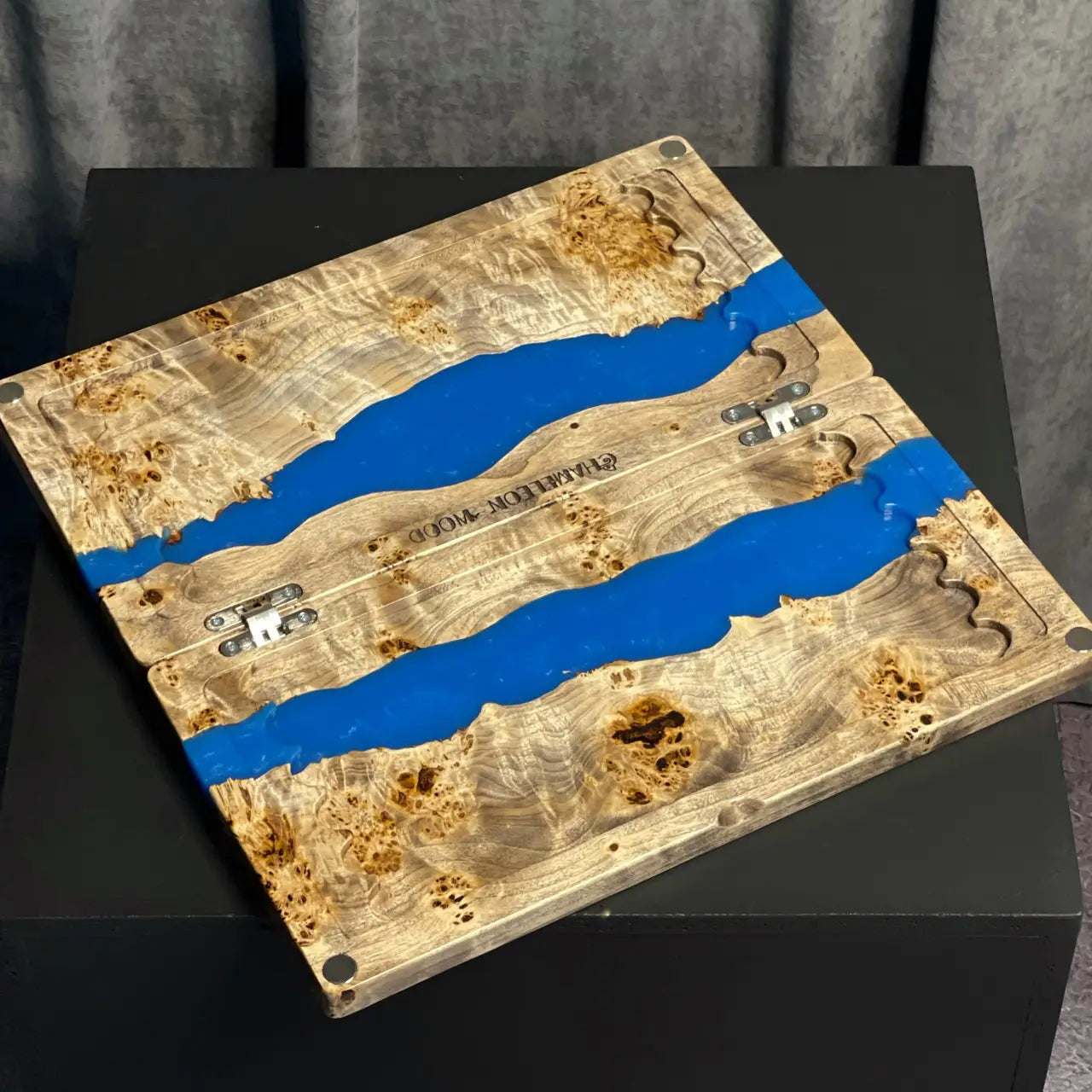 Handmade natural wood backgammon board with blue pearlescent epoxy