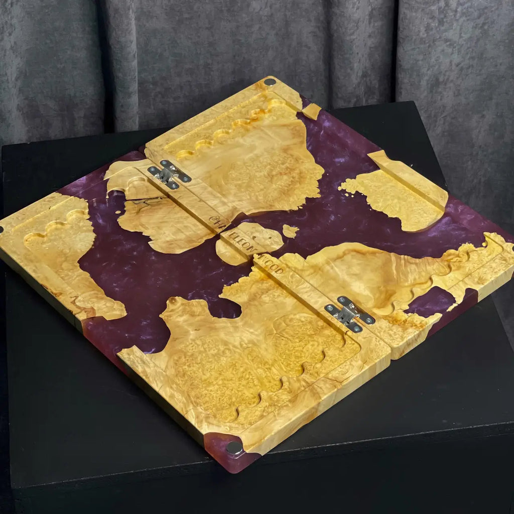 Back view of handcrafted amethyst backgammon board