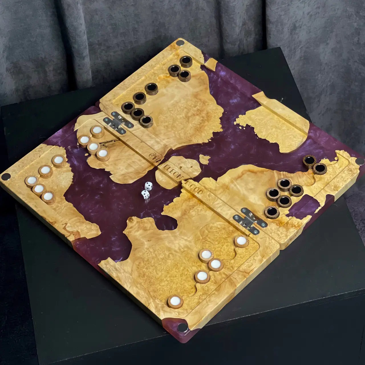 Closed luxury wooden backgammon board with amethyst resin