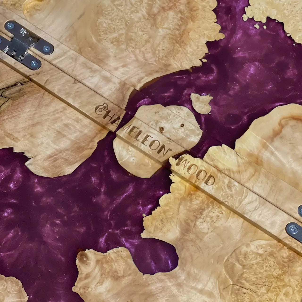 Handmade amethyst backgammon game set opened for play