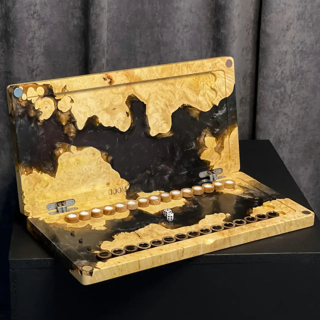 Black Pearl handmade backgammon set in natural wood and dark epoxy resin