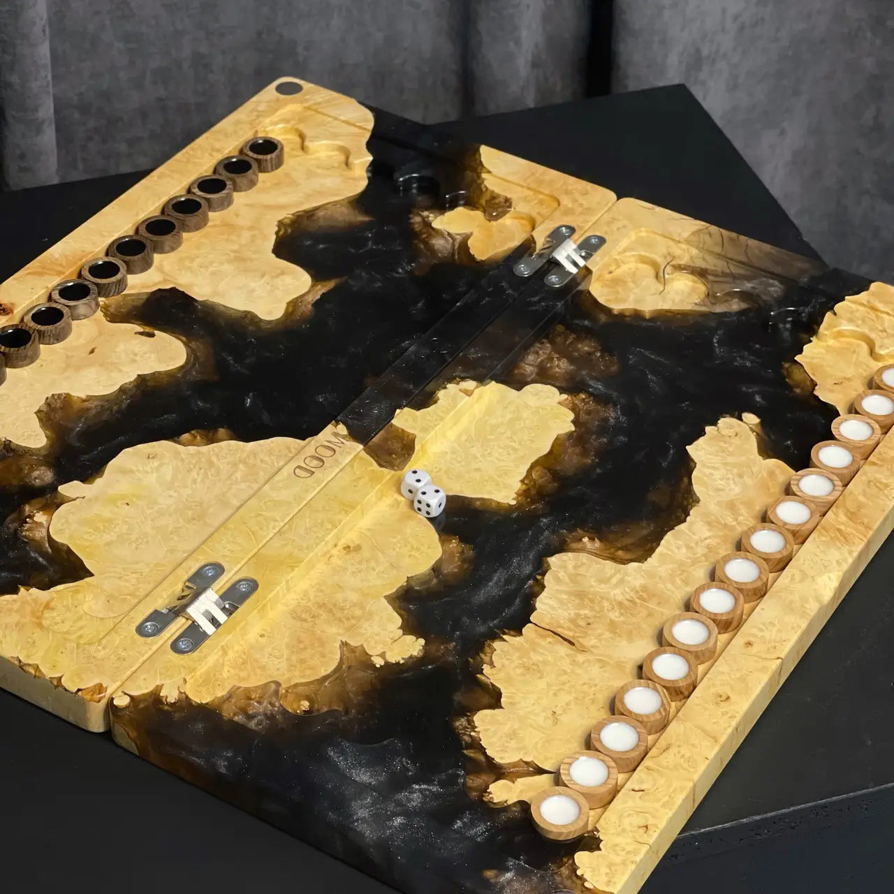 Natural wood and dark epoxy resin handcrafted backgammon board