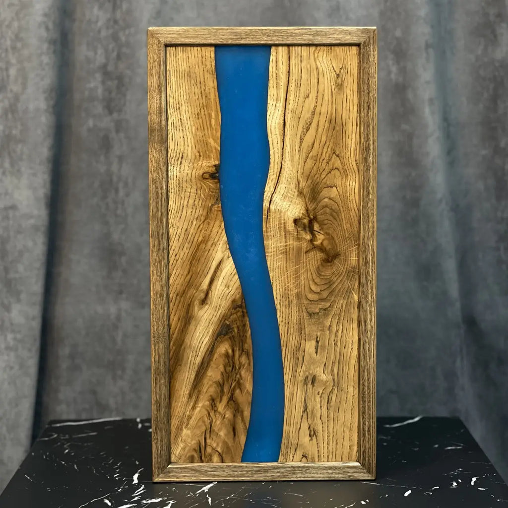 Blue epoxy river design on handcrafted natural wood backgammon set