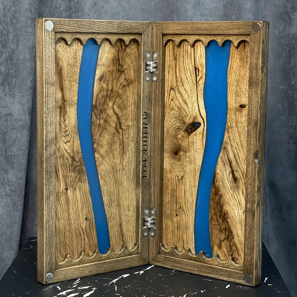 50 cm artisan backgammon board with wooden playing pieces and dice