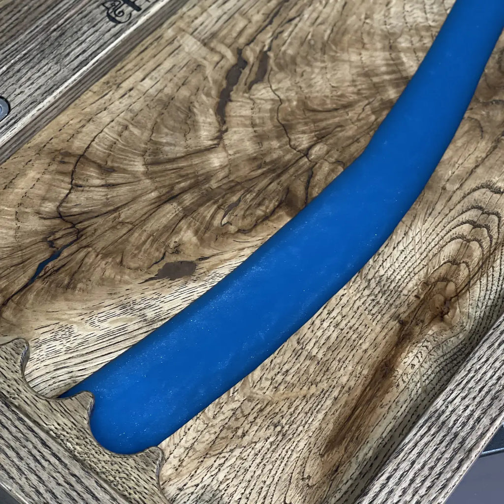 Open 50 cm wooden backgammon board with blue epoxy river design