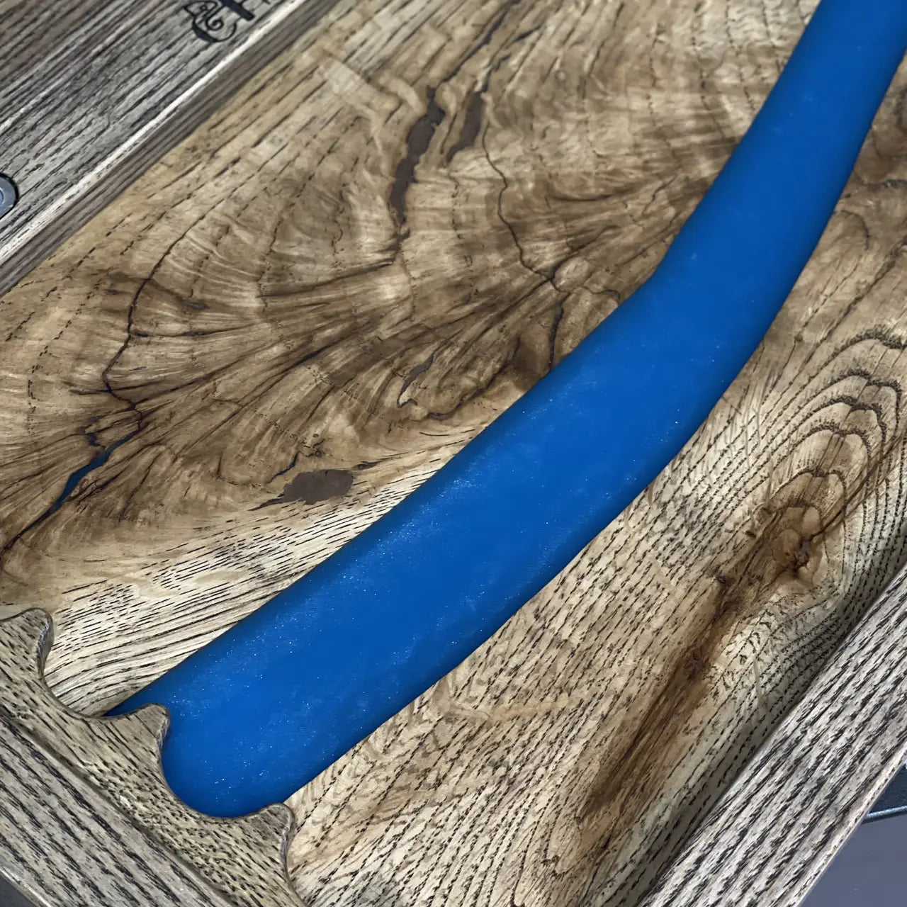 Open 50 cm wooden backgammon board with blue epoxy river design