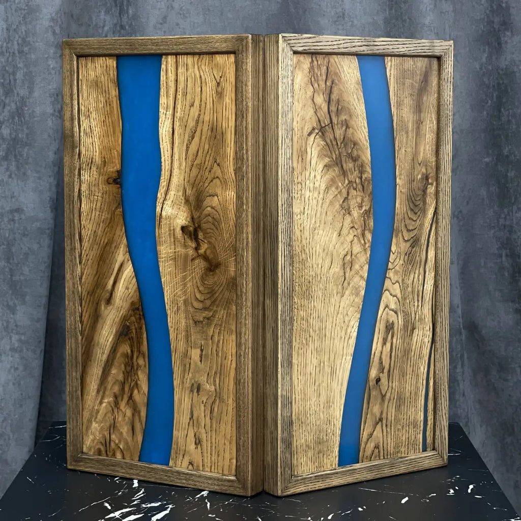 Premium natural wood and blue resin handmade backgammon set