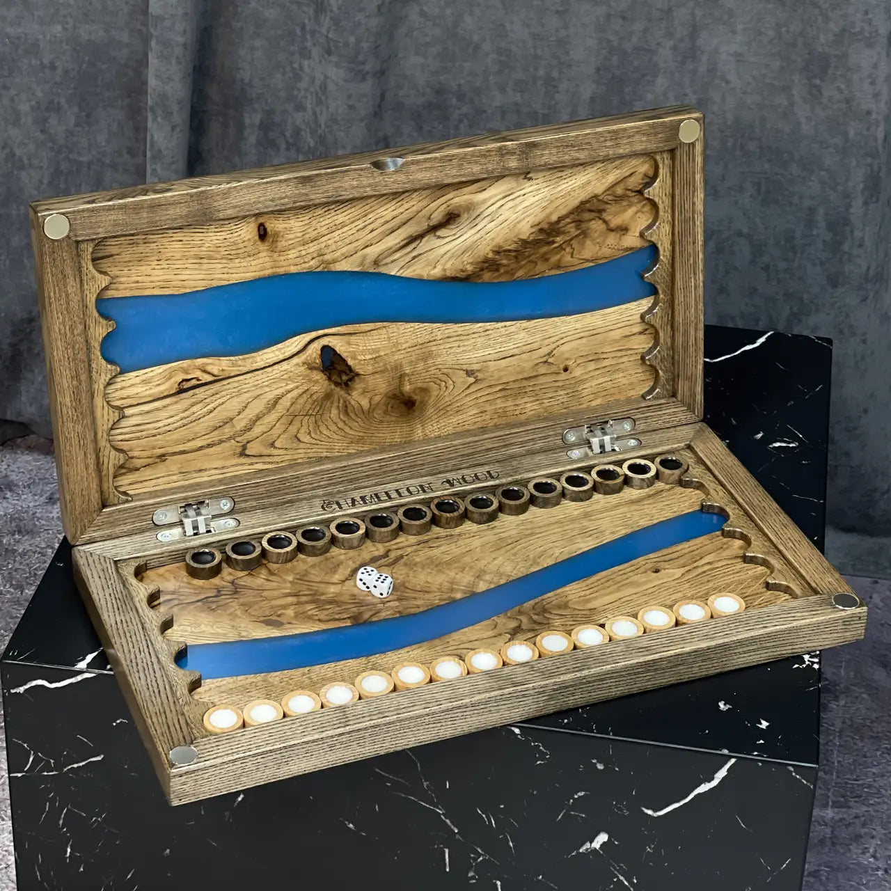 Blue River folding backgammon board with handcrafted wooden pieces