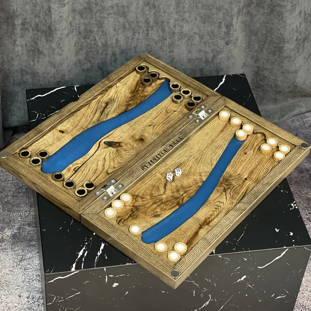 Blue River handmade backgammon set in natural wood and blue epoxy resin