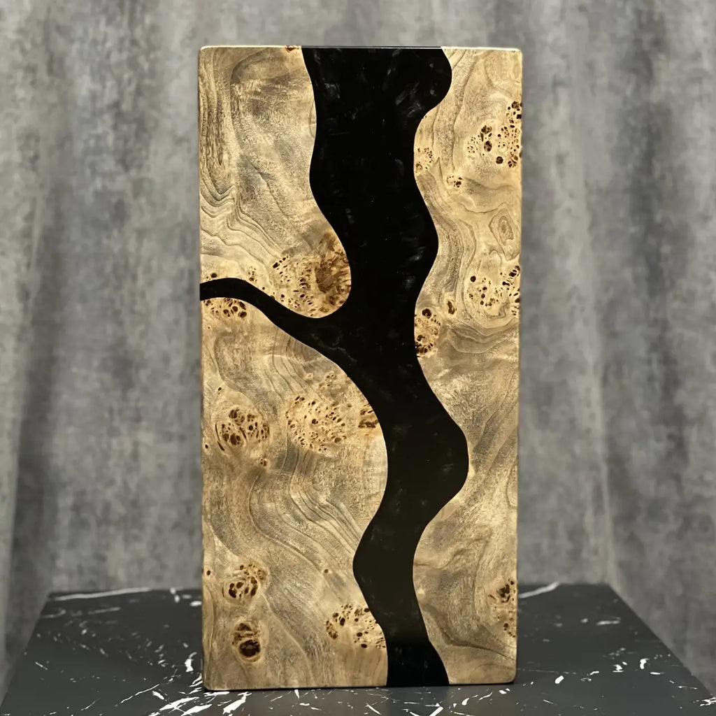 Natural burl wood backgammon board with black epoxy resin channels