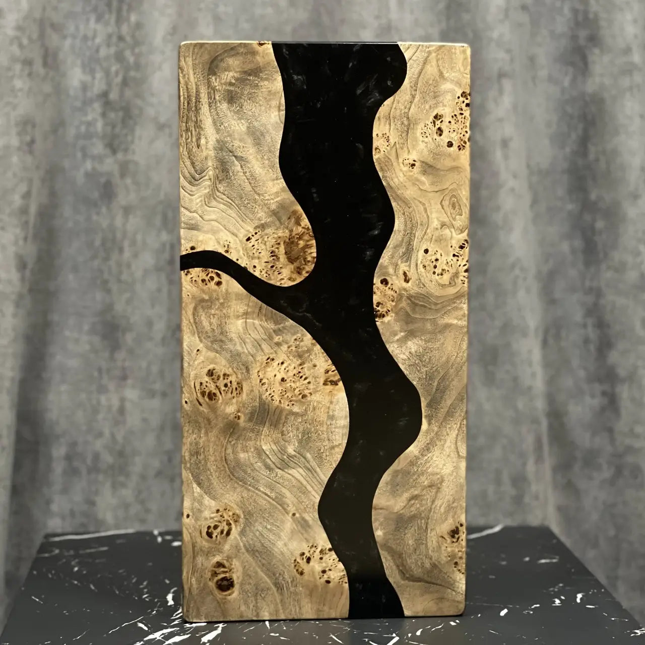 Natural burl wood backgammon board with black epoxy resin channels
