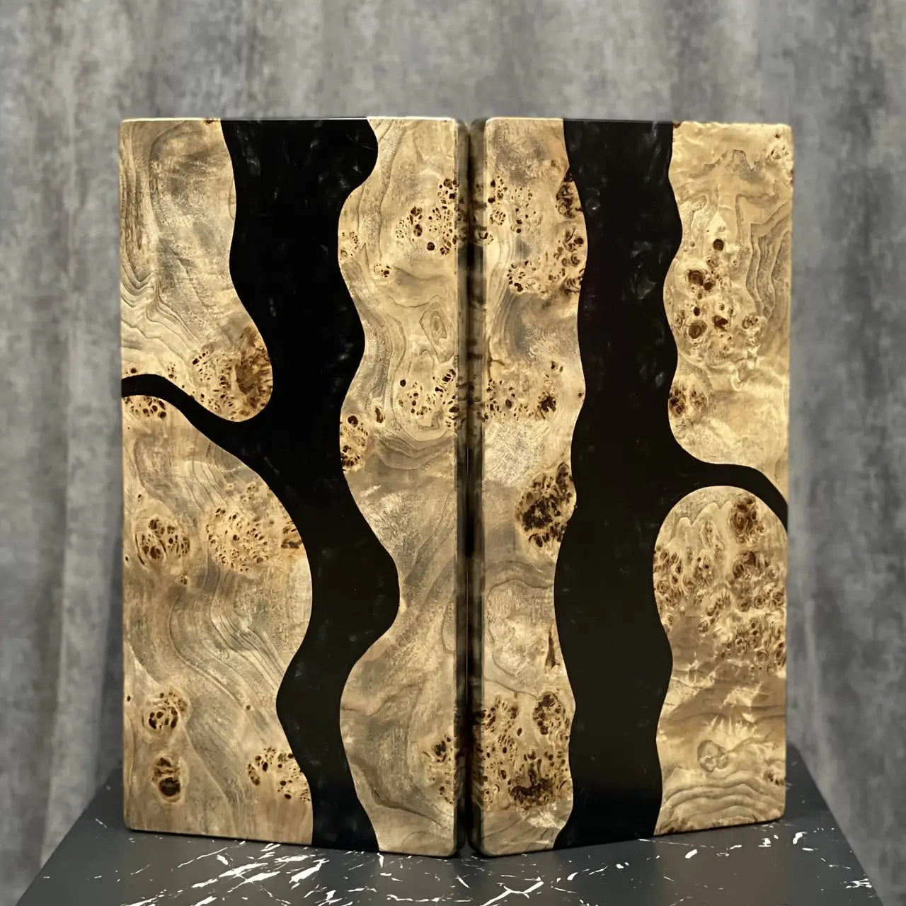 Handmade 50 cm folding wooden backgammon board with dark epoxy