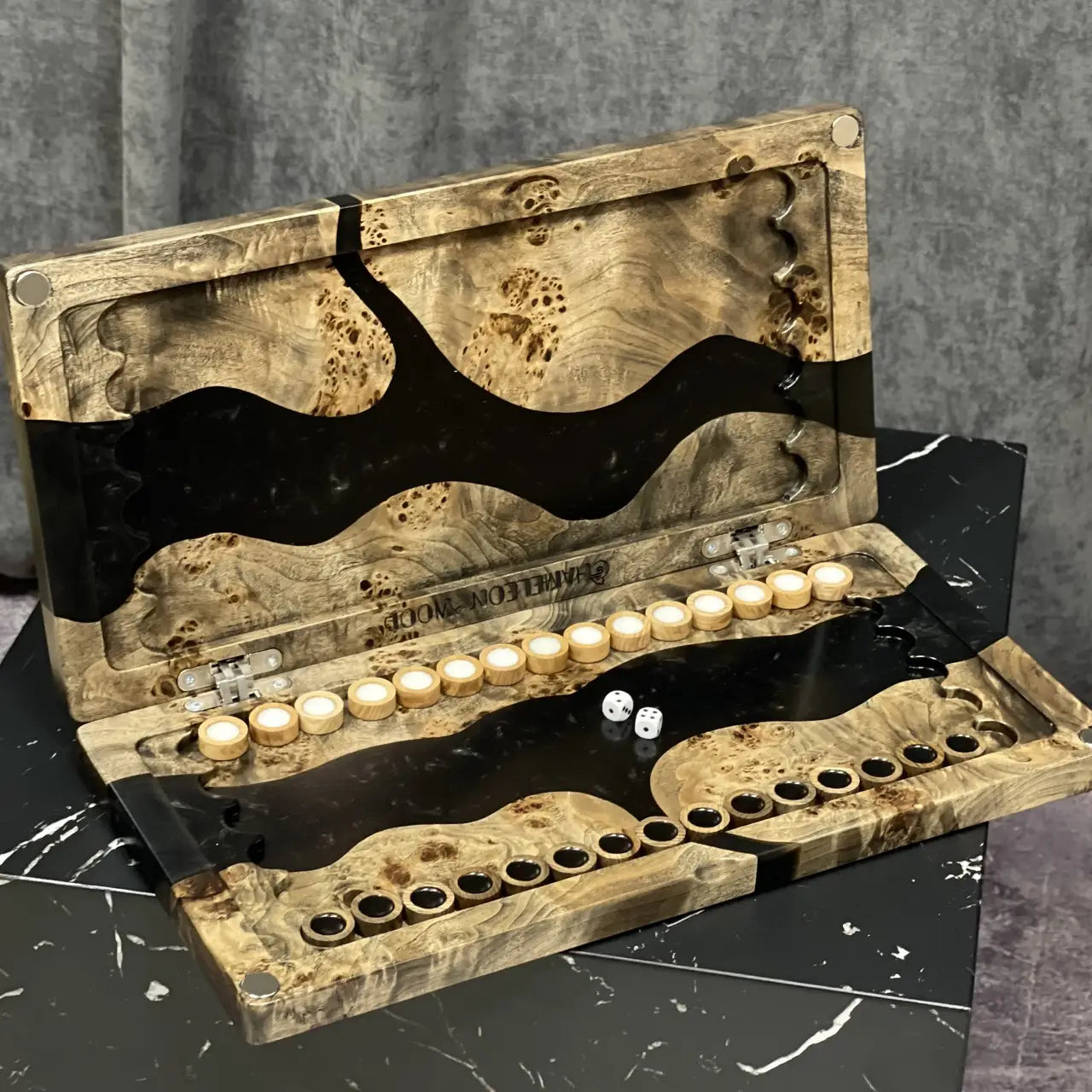 Black Canyon handmade wooden backgammon set with black epoxy resin