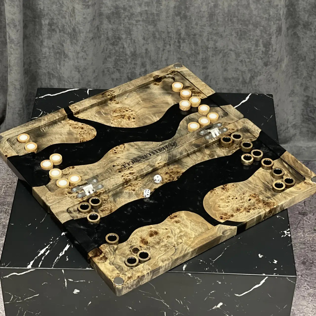 Artisan Black Canyon wooden backgammon set with playing pieces and dice