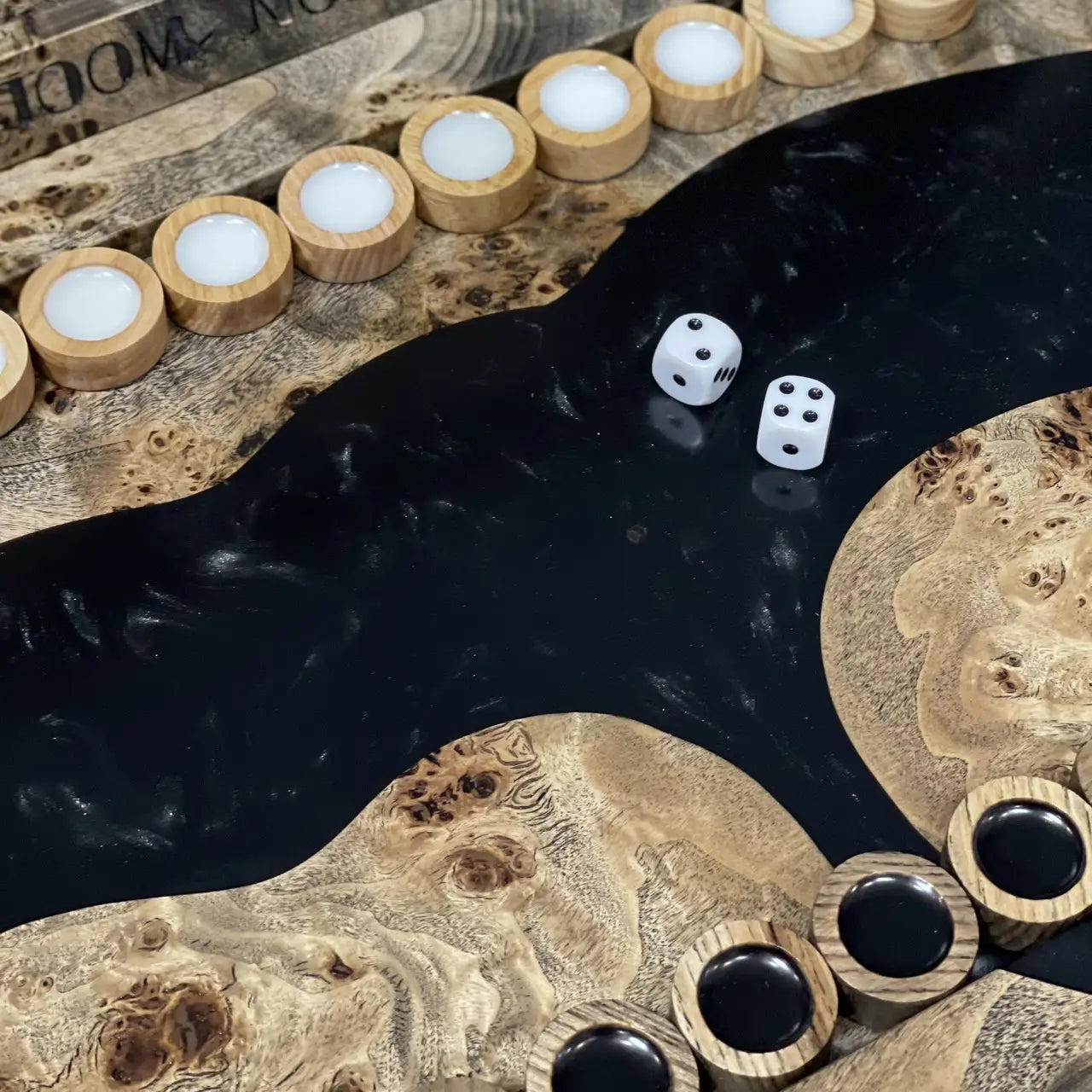 Open Black Canyon backgammon board with natural wood and black resin