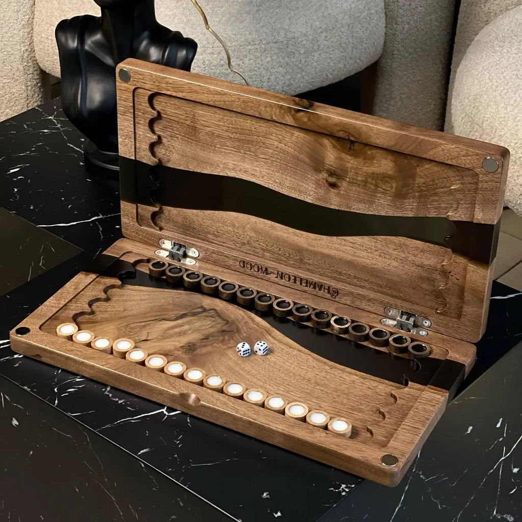 American walnut backgammon board with black epoxy river and magnetic closure