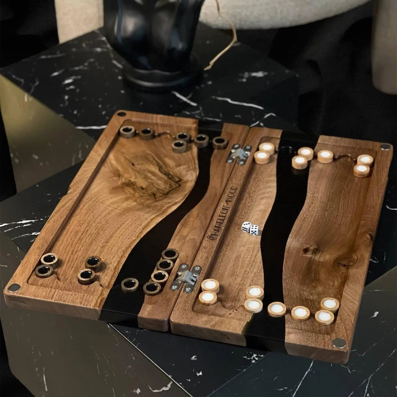 Open Black River luxury backgammon set with 30 wooden checkers and dice