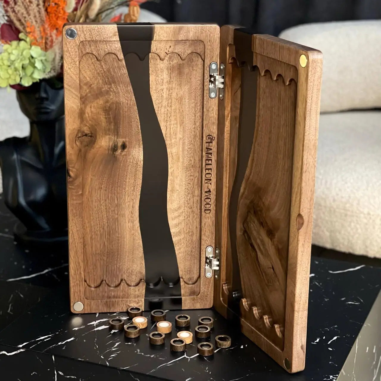 Open Black River handmade backgammon board in American walnut and black epoxy resin