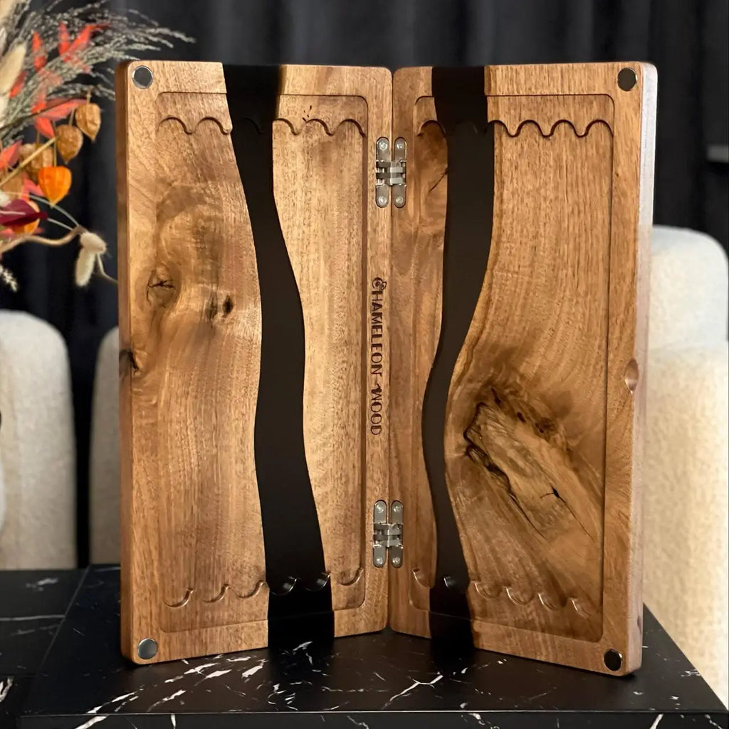 Open luxury American walnut backgammon board with flowing black resin design