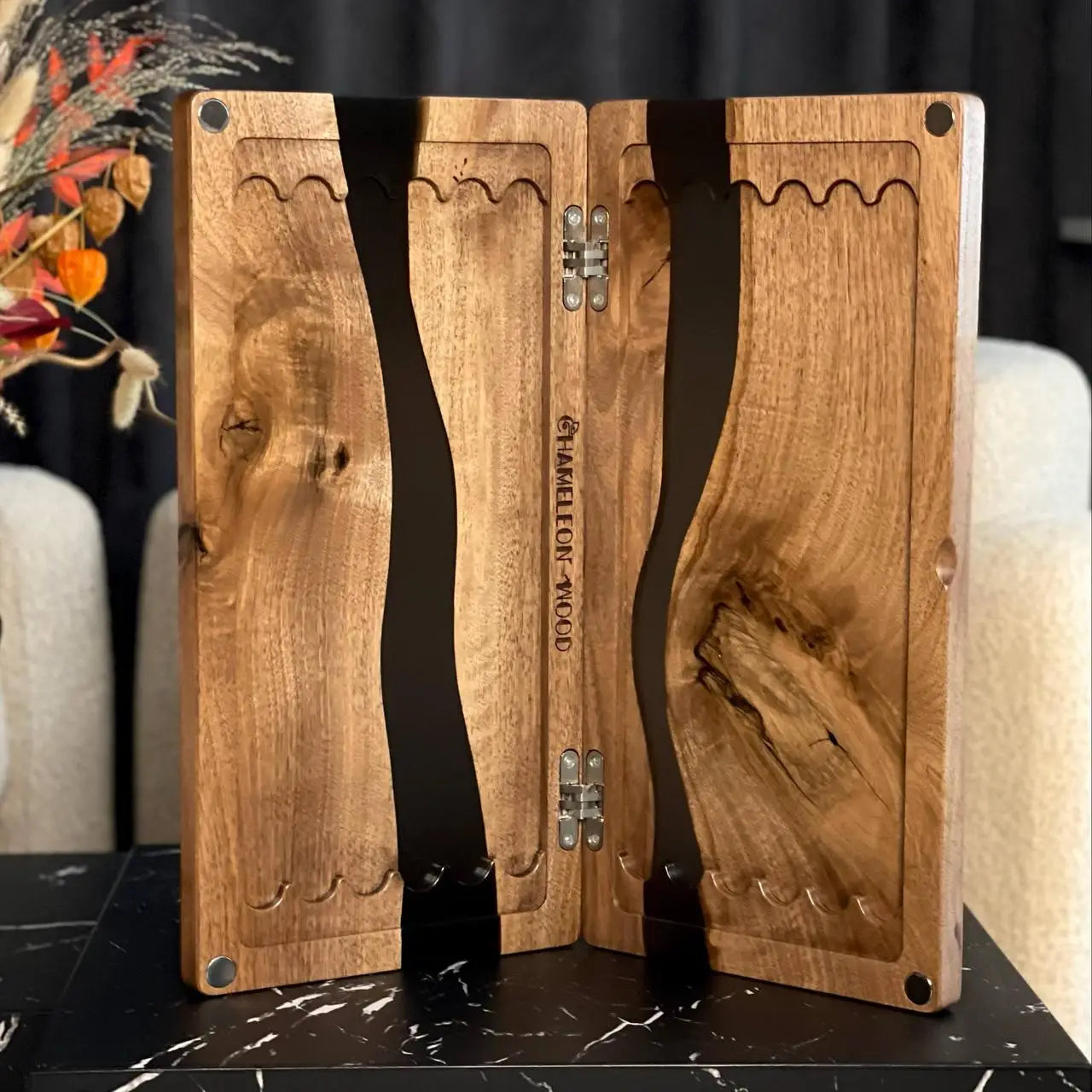 Open luxury American walnut backgammon board with flowing black resin design