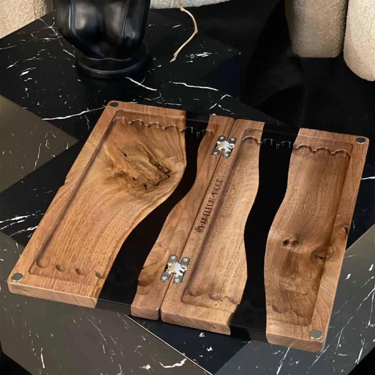 Black River walnut backgammon set with black epoxy resin and wooden checkers