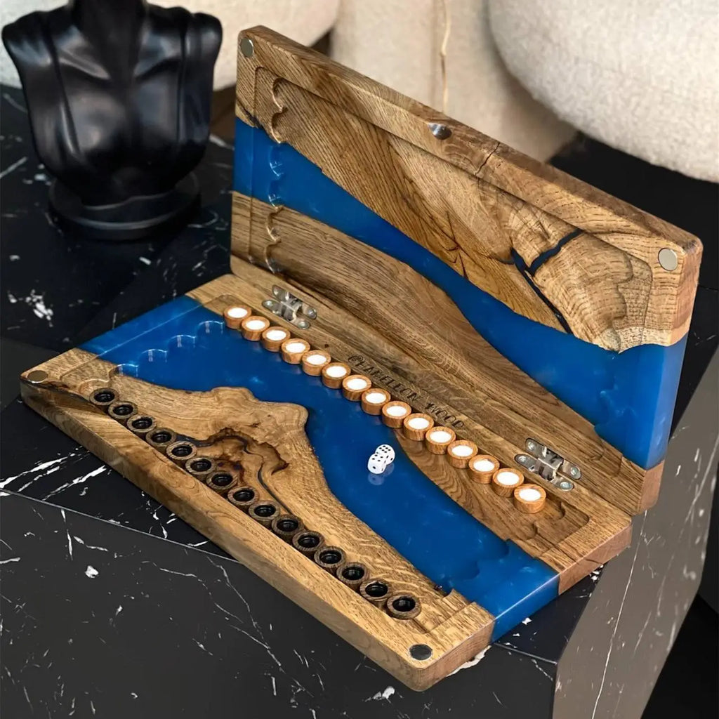 Blue River handcrafted backgammon set with wooden checkers and dice