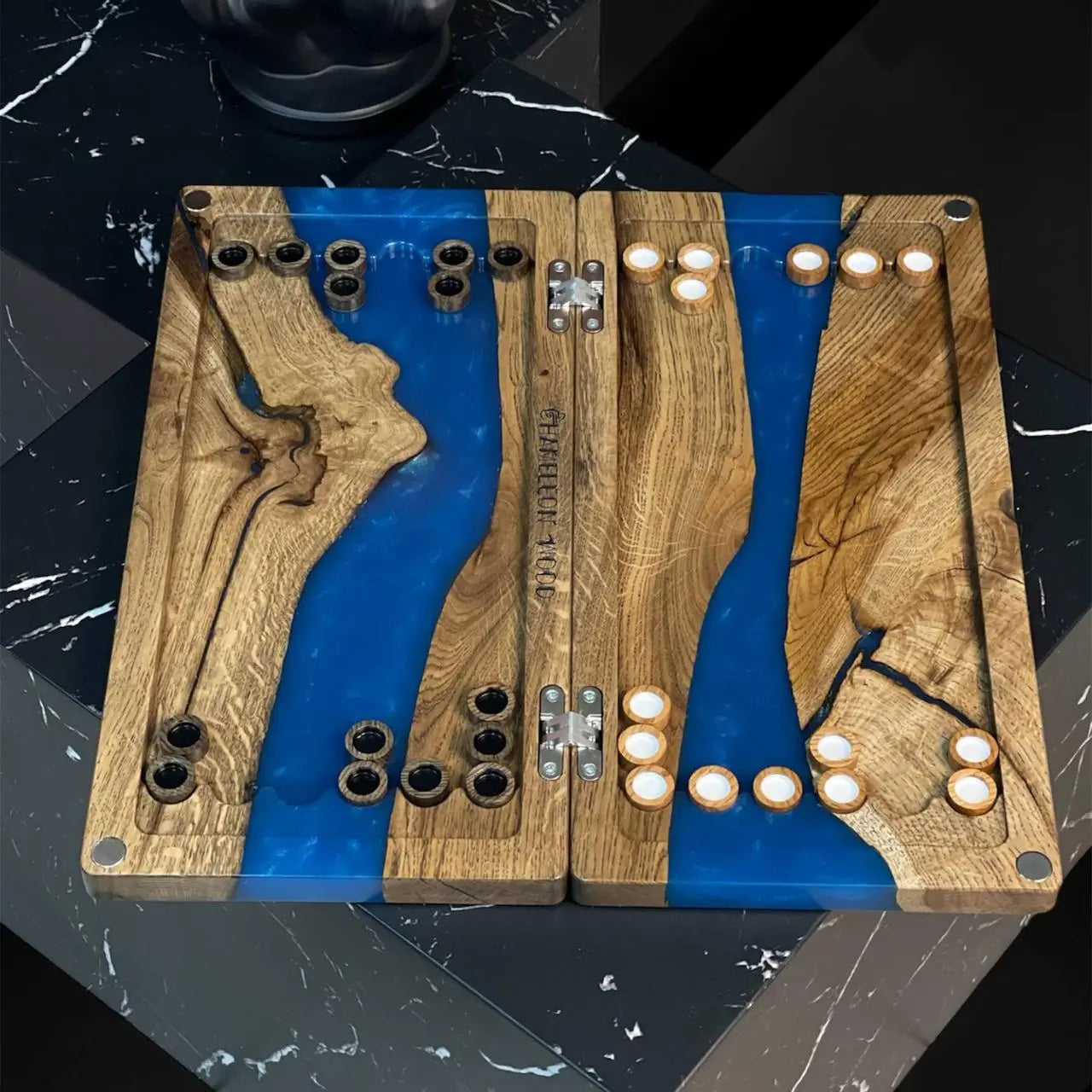 Blue River wooden backgammon board with light and dark checkers during play
