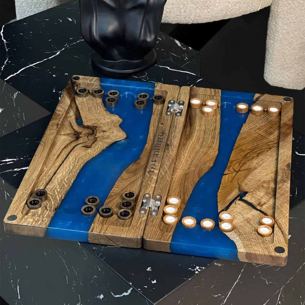 Open Blue River backgammon set with blue epoxy resin and wooden checkers