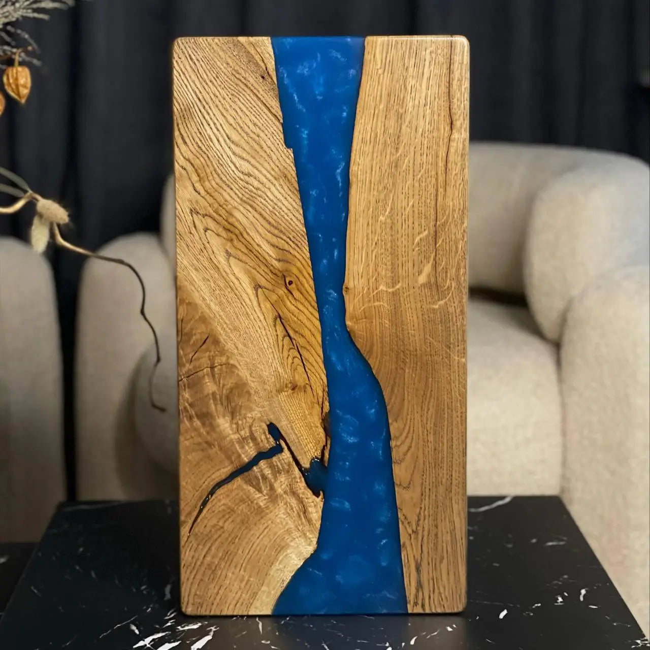 Folded Blue River backgammon board showing natural wood grain and blue resin