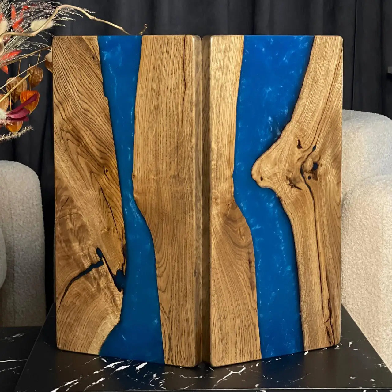 Exterior of Blue River handmade backgammon set with river-style epoxy design