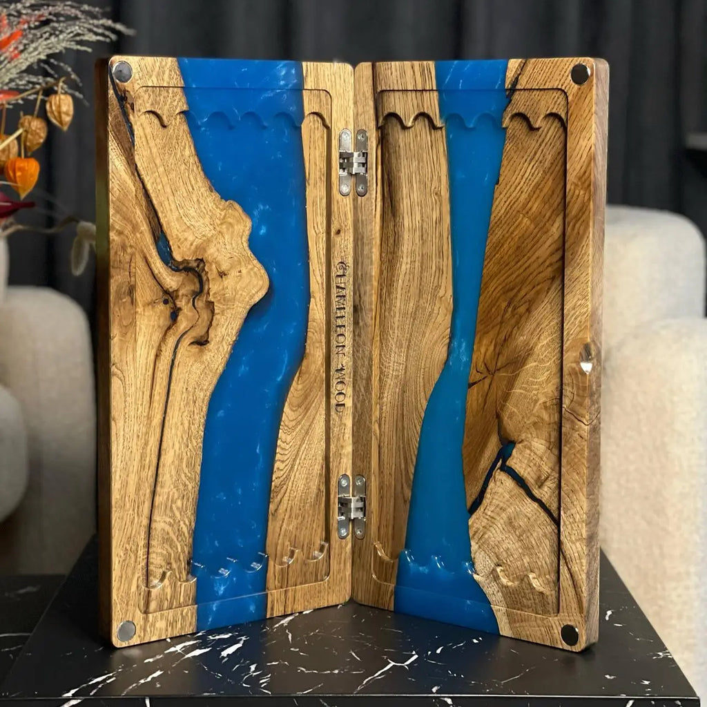Open Blue River luxury backgammon board crafted from natural wood and blue epoxy
