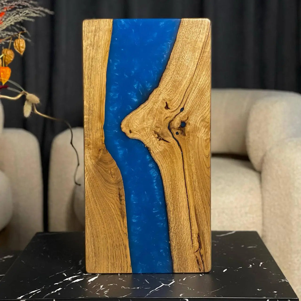 Blue River handmade backgammon set with natural wood and blue epoxy resin