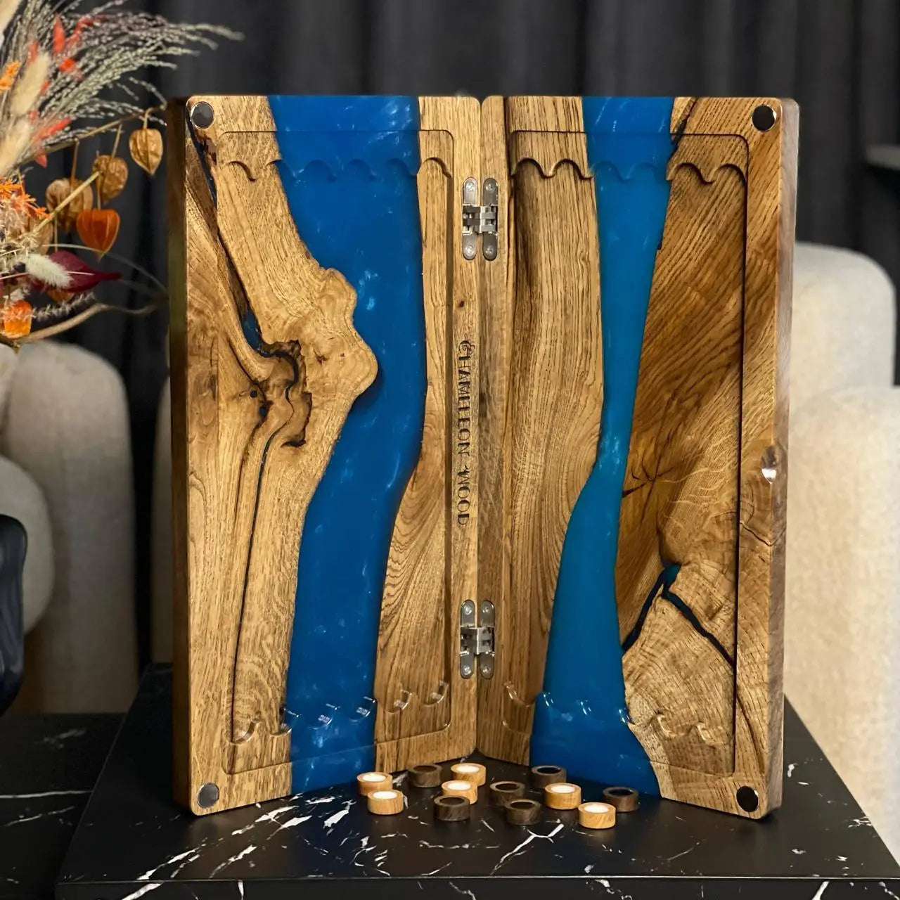 Folded Blue River wooden backgammon board with vivid blue resin design