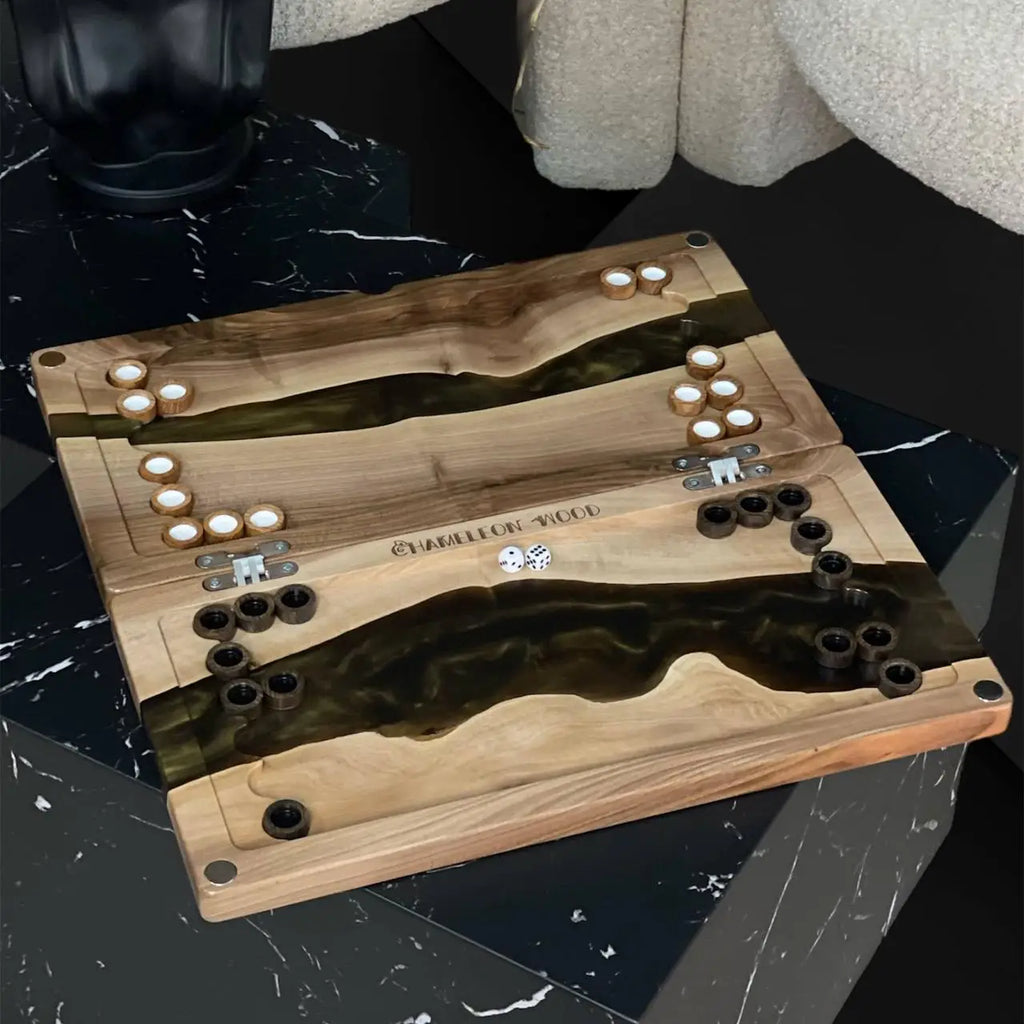 Premium handmade Emerald wooden backgammon set with green epoxy river