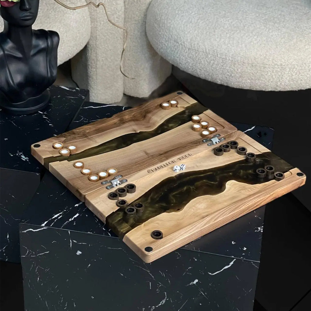 Emerald artisan backgammon board ready for play