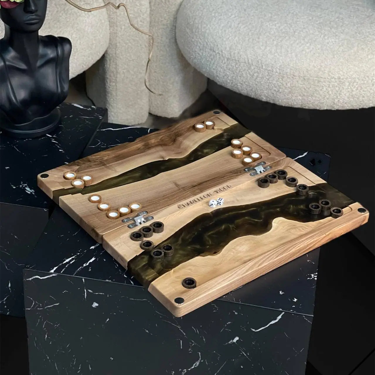Emerald artisan backgammon board ready for play