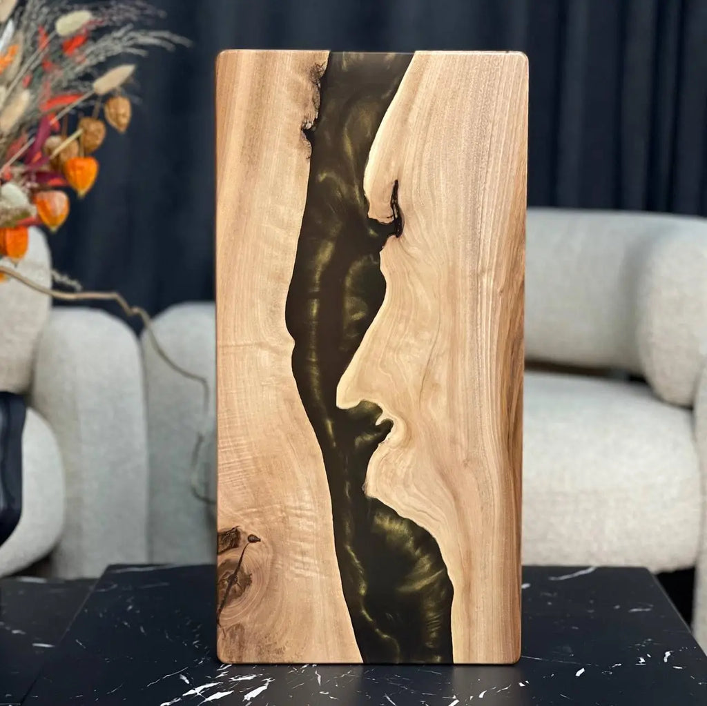 Luxury wooden backgammon set with dark pearlescent green epoxy resin