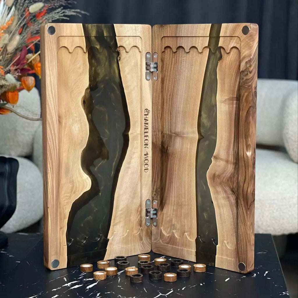 Luxury Emerald backgammon board with handcrafted wooden checkers