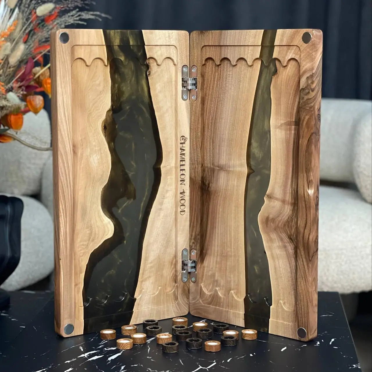 Luxury Emerald backgammon board with handcrafted wooden checkers