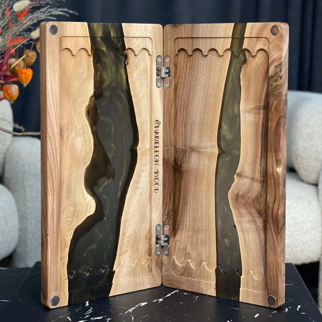Open Emerald handmade wooden backgammon board