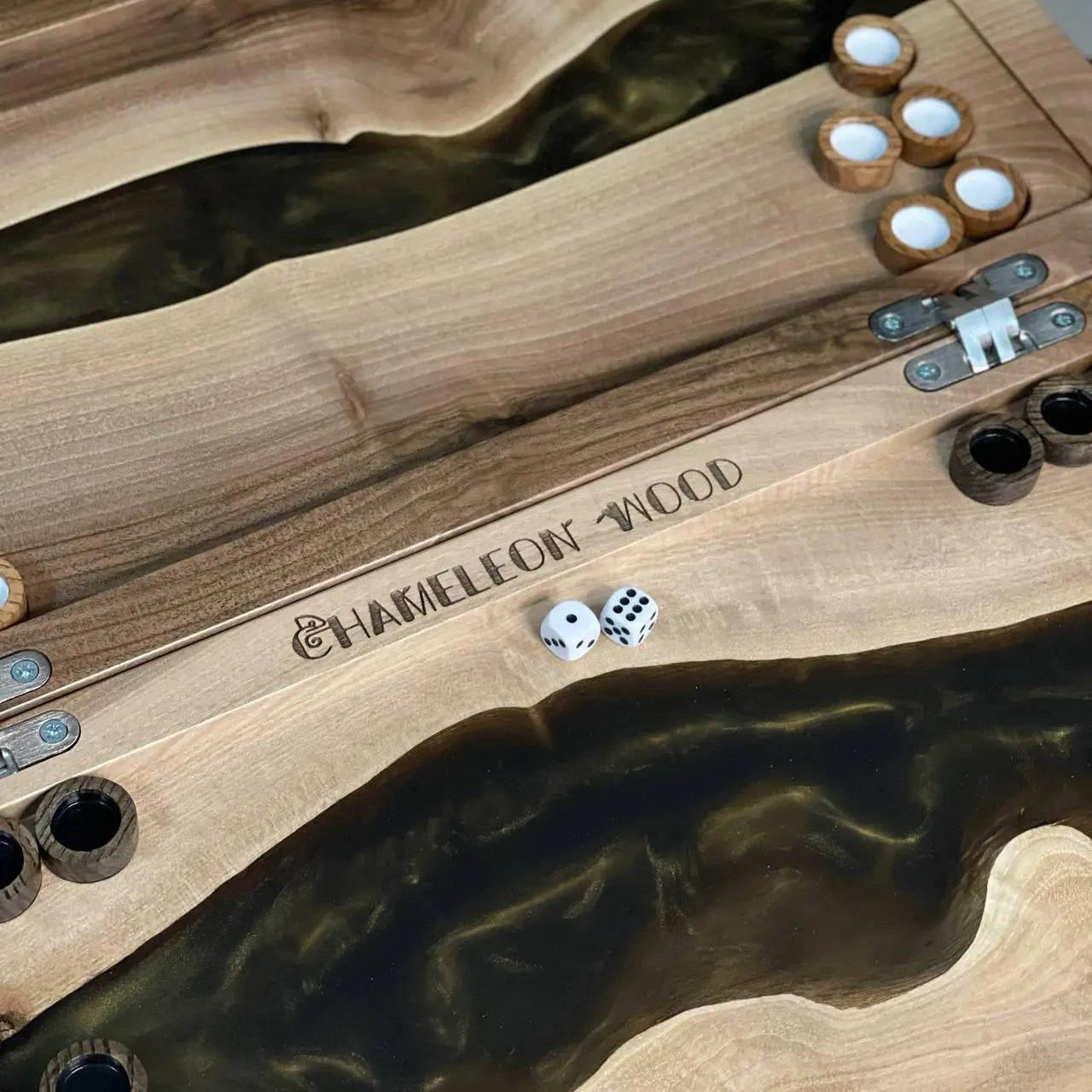 Closed Emerald River backgammon set in natural wood and dark green epoxy resin